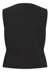 Top nero senza maniche con design aderente, texture liscia e scollo rotondo. Presenta una schiena strutturata con dettagli minimi.