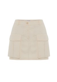 Mini gonna cargo beige chiaro con due tasche a toppa frontali, chiusura con bottone e design dritto. Tessuto morbido e liscio.