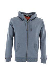Kaptrui met rits in lichtblauwe fleece, voorzien van twee voorkanten zakken, geribbelde cuffs en een klein logo op de borst.