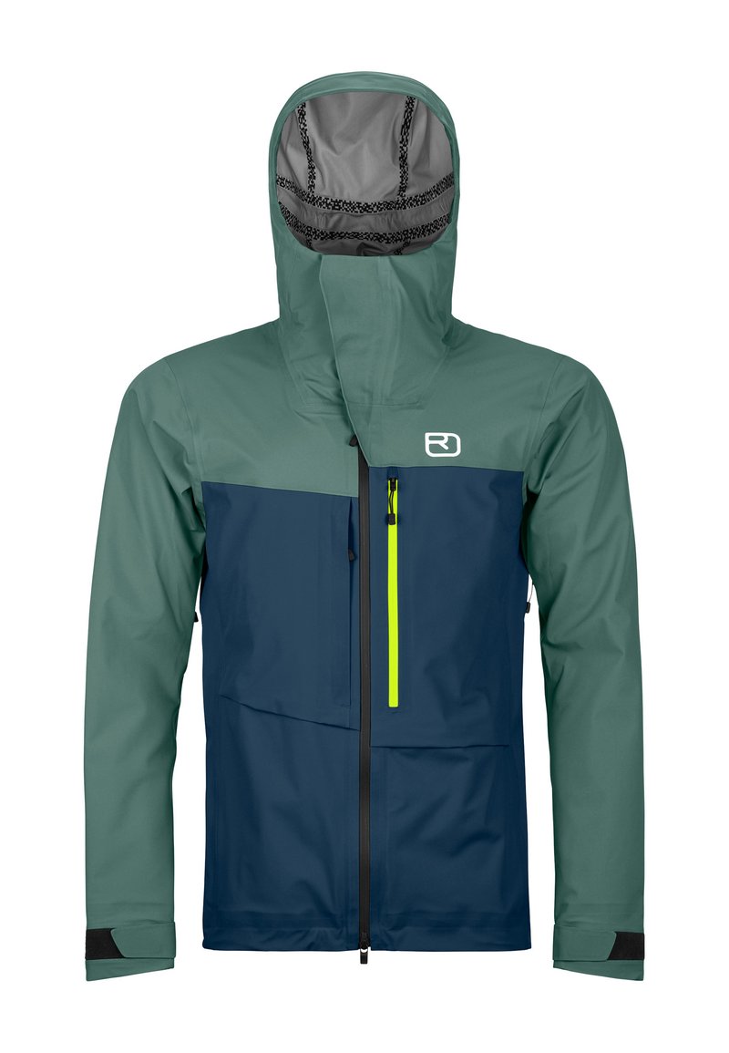 Water-resistant jacket with a green upper section and navy lower section. Features a hood, front zipper, and a bright yellow zippered pocket.