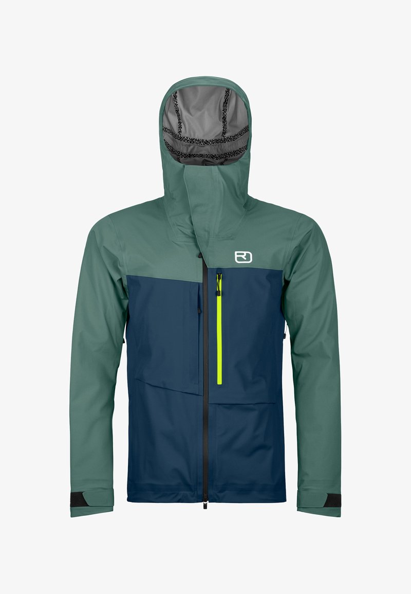 Water-resistant jacket with a green upper section and navy lower section. Features a hood, front zipper, and a bright yellow zippered pocket.