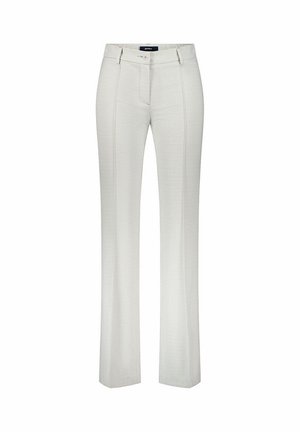 Lichtgrijze damesbroek met subtiel geruit patroon, voorzien van knoop en rits aan de voorkant, riemlussen en een rechte pijp.