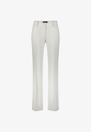 Hellgraue Damenhose mit feinem Karo-Muster, vorne mit Knopf und Reißverschluss, Gürtelschlaufen und geradem Schnitt.