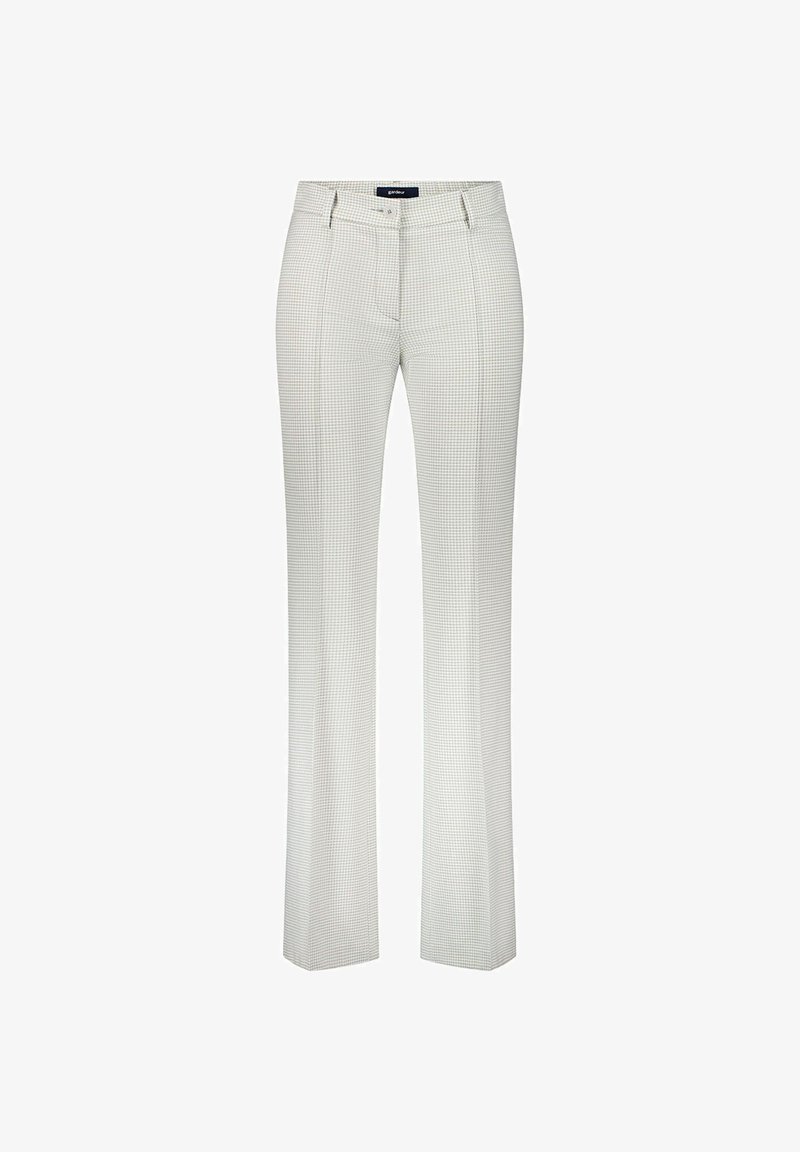 Lichtgrijze damesbroek met subtiel geruit patroon, voorzien van knoop en rits aan de voorkant, riemlussen en een rechte pijp.