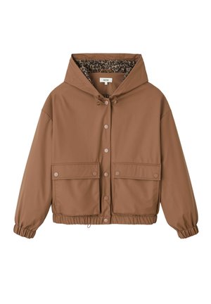 Veste imperméable marron avec capuche, dotée d'un cordon de serrage, de deux poches avant et d'une doublure en imprimé léopard. Poignets élastiques et ourlet inférieur.