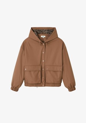 Veste imperméable marron avec capuche, dotée d'un cordon de serrage, de deux poches avant et d'une doublure en imprimé léopard. Poignets élastiques et ourlet inférieur.