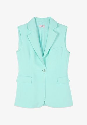 Blazer verde menta sin mangas con solapas de muesca, un botón frontal, dos bolsillos con solapa y un bolsillo con ojal en el pecho.