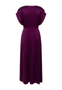 Robe longue violette en tissu lisse, avec des manches courtes drapées et une taille cintrée, présentant une fermeture en trou de clé au dos.