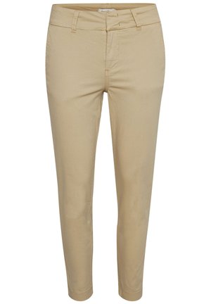 Béžové bavlněné kalhoty slim fit s předním zipem, čtyřmi kapsami a jemnými švy. Hladká textura.