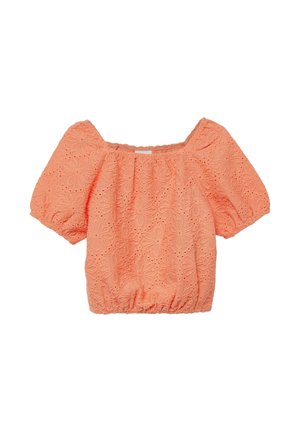 Pfirsichfarbene Bluse mit kurzen Ärmeln, floraler Lochstickerei, quadratischem Ausschnitt, aufgepufften Ärmeln und elastischem, gerafftem Saum.