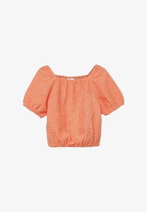 Krótka bluzka w kolorze brzoskwiniowym z haftem w formie kwiatuszków i ażurowych oczek, z kwadratowym dekoltem, bufiastymi rękawami oraz marszczonym elastycznym dołem.