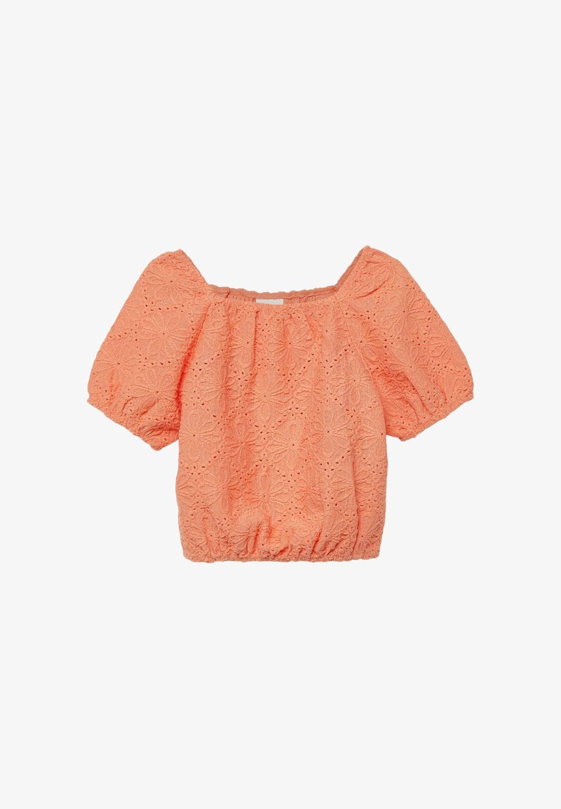 Peach-colored short-sleeve blouse with floral eyelet embroidery, square neckline, puffed sleeves, and gathered elastic hem.