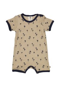 Krátký béžový overal z měkké látky, s námořnickým lemem a malými vzory palmových stromů po celém povrchu. Zapínání na patentky na spodní části.