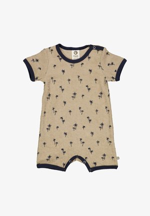 Short-sleeve beige romper made of soft fabric, featuring a navy trim and small palm tree patterns throughout. Snap closures at the bottom.