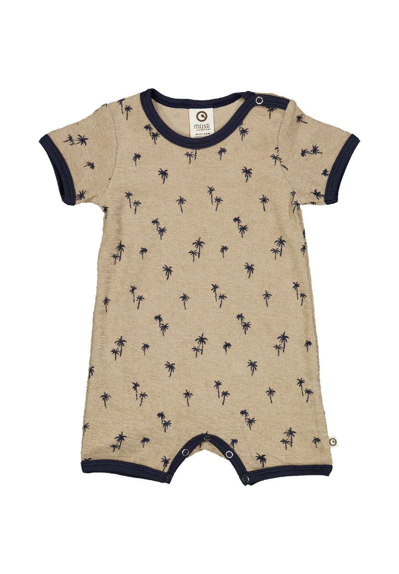 Krátký béžový overal z měkké látky, s námořnickým lemem a malými vzory palmových stromů po celém povrchu. Zapínání na patentky na spodní části.