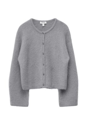 Jasnoszary, miękki swetrowy kardigan z okrągłym dekoltem i guzikami z przodu, długimi rękawami i lekko skróconym krojem.