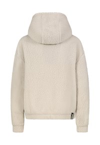 Cremefarbener Fleece-Hoodie mit einer strukturierten, weichen Außenseite, ausgestattet mit einer geräumigen Kapuze und gerippten Bündchen. Enthält ein Markenetikett an der Seite.