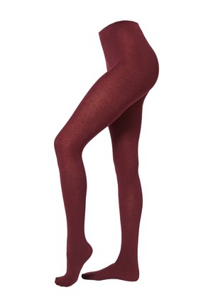 Collants opaques bordeaux fabriqués à partir d'un matériau doux et texturé. Ils présentent une taille lisse et un design ajusté pour couvrir les jambes.