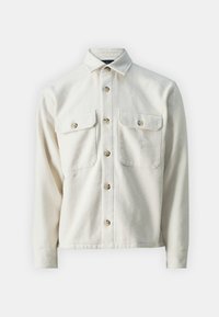 Wollen blend jasje in crème met een gestructureerd oppervlak, voorzien van een puntkraag, een sluiting met knopen aan de voorkant en twee borstzakken.