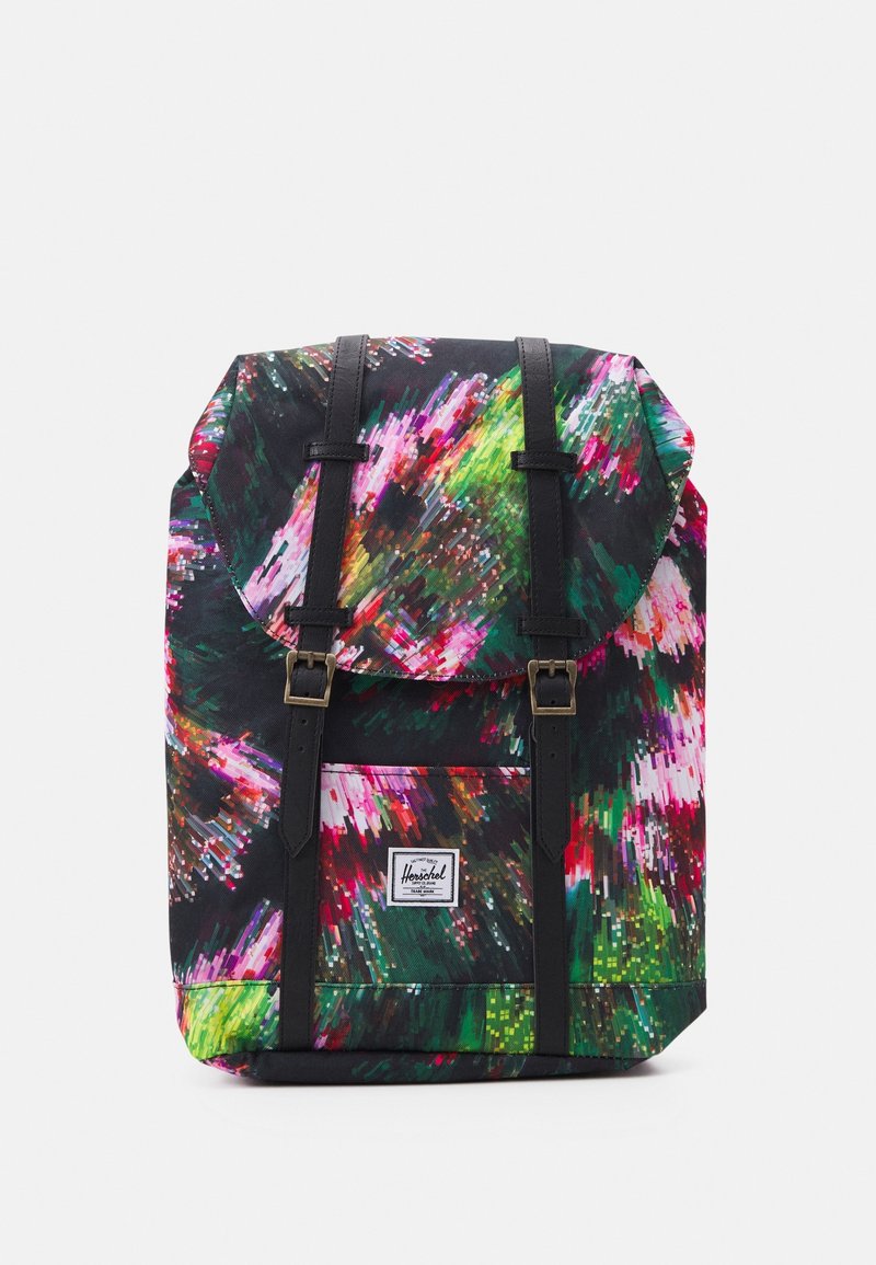 Zaino con un vivace motivo astratto multicolore, spallacci neri, fibbie regolabili e una tasca frontale con un'etichetta. Materiale resistente.