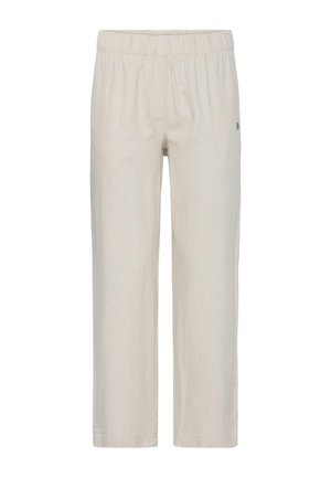 Pantalon beige clair à jambe droite avec taille élastique et petit logo sur la cuisse supérieure, présenté sur un fond blanc.