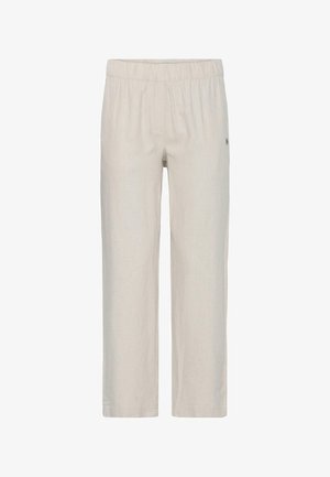 Pantalon beige clair à jambe droite avec taille élastique et petit logo sur la cuisse supérieure, présenté sur un fond blanc.