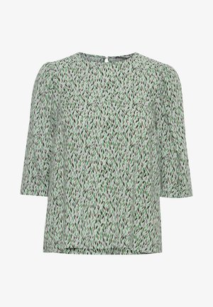Bluzka w zielono-szary wzór, lekki materiał, krótkie rękawy, okrągły dekolt, detal z dziurką z tyłu, luźny krój, abstrakcyjny wzór liści.