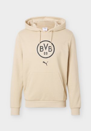 Beige Kapuzenpullover mit BVB 09-Logo und Puma-Logo auf der Vorderseite, mit Kängurutasche vorne und verstellbarer Kapuze mit Zugband.