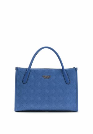 Sac à main rectangulaire bleu avec deux poignées, motif texturé subtil et logo doré "GUESS EST 1981" sur le devant.
