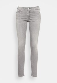 Slim-fit gray denim jeans with a smooth texture, featuring five pockets, a button closure, and stitched detailing along the seams.