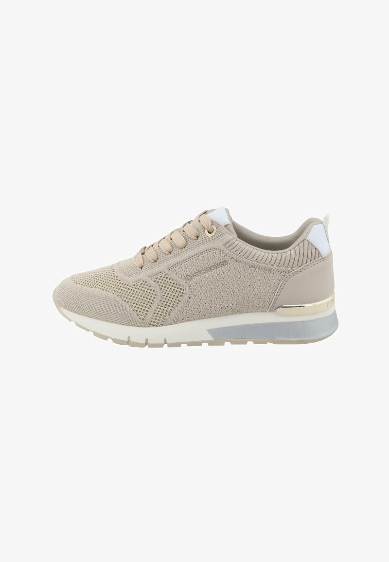 Beige knitted sneakers with a textured upper, lace-up design, light accents, and a cushioned sole featuring a metallic detail on the heel.