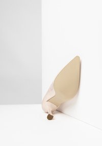 Nude patent leather high-heeled shoe with a pointed toe and a slender stiletto heel; textured beige sole. Positioned against a white background.