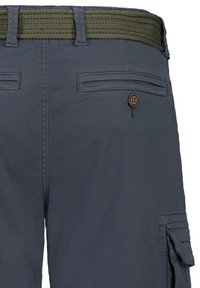 Dark gray cargo shorts with a textured olive green woven belt. Features two rear pockets and a brown button accent.