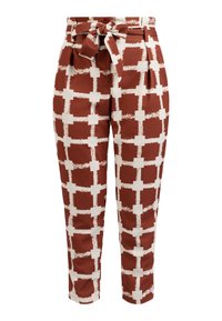 Bruine en witte met een patroon bedekte broek met een striktaille, voorzien van een geometrisch ontwerp en een zachte, glanzende stof. Verkorte lengte met plooien.
