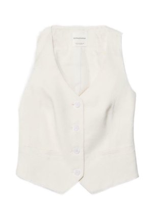 Gilet bianco senza maniche con quattro bottoni frontali, scollo a V e due tasche anteriori discrete, vestibilità sagomata.