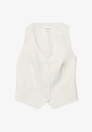 Gilet bianco senza maniche con quattro bottoni frontali, scollo a V e due tasche anteriori discrete, vestibilità sagomata.