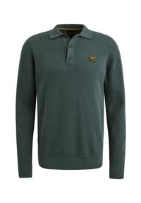 Camisa polo verde de manga larga, tejido de punto texturizado, con tapeta de tres botones, parche de marca en el pecho, puños y dobladillo acanalados.
