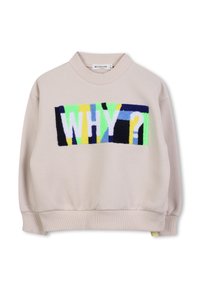 Lichtbeige sweatshirt met een kleurrijk "WHY?" ontwerp van textuurstof, met tinten blauw, groen, geel en zwart.