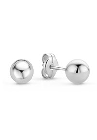 Silberne Ball-Stab-Ohrstecker mit glänzender Oberfläche. Jeder Ohrring zeichnet sich durch eine schlichte Kugelform und einen sicheren Schmetterlingsverschluss aus.