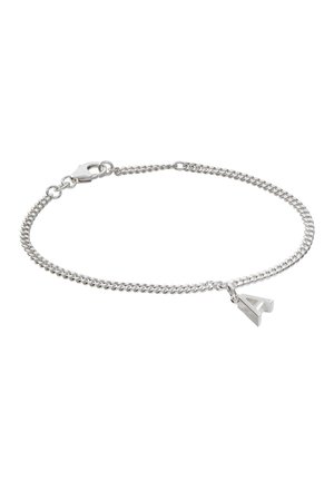 Silver chain bracelet with a lobster clasp and a pendant shaped as the capital letter "A."