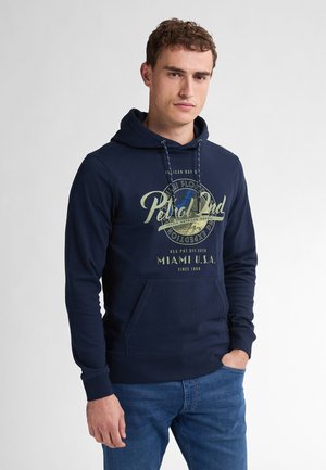 Felpa con cappuccio blu navy realizzata in misto cotone, con tasca frontale e stampa grafica in verde chiaro e bianco. Vestibilità classica.