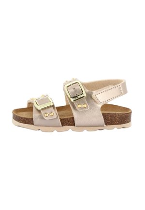 Sandalo beige per bambino con due fibbie dorate sulla fascia frontale e una cinghia regolabile sul tallone, con plantare in sughero e suola in gomma.