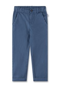 Blue cotton pants with an elastic waistband, featuring two side pockets and a front button closure. Smooth texture and straight leg design.