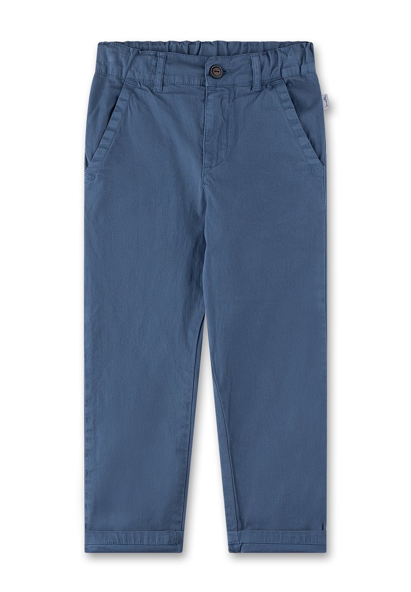 Blue cotton pants with an elastic waistband, featuring two side pockets and a front button closure. Smooth texture and straight leg design.
