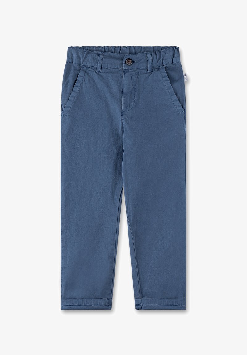 Blue cotton pants with an elastic waistband, featuring two side pockets and a front button closure. Smooth texture and straight leg design.