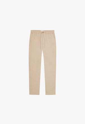 Μπεζ λινό παντελόνι με κορδόνι στη μέση, στενή εφαρμογή και υφή υφάσματος. Διαθέτει επίπεδη μπροστινή όψη και χωρίς ορατές τσέπες.