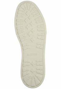 Suela de zapato de goma blanca con un patrón de agarre texturizado, bordes redondeados y logo en relieve 'BLACKSTONE' cerca del talón.