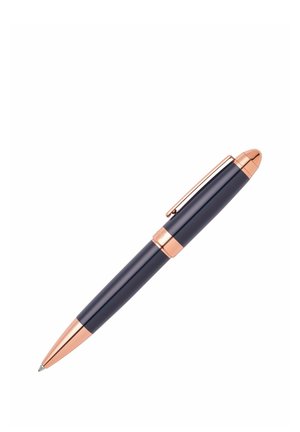 Zwart en roségouden balpen met clip, intrekbare punt en een gladde afwerking op een witte achtergrond.