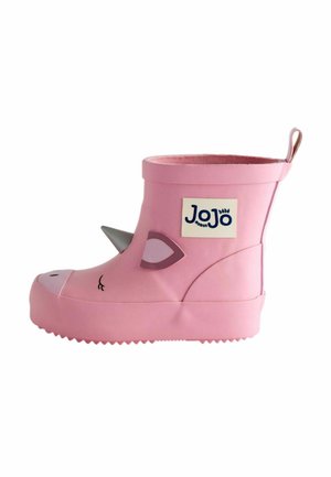 Pink børne gummistøvle formet som en enhjørning med et gråt horn, lukkede øjne design og et "JoJo" logo på siden.