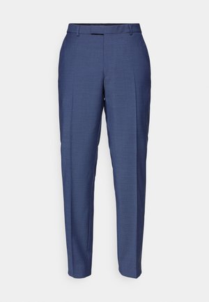 Blauwe op maat gemaakte broeken van een gestructureerde stof. Bevat een vlakke voorkant, riemlussen en een slank ontwerp met taps toelopende benen.